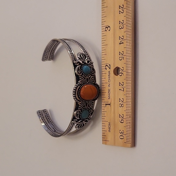 Silvertone Bangle with Faux Orange and Turquoise Stones - Picture 4 of 5